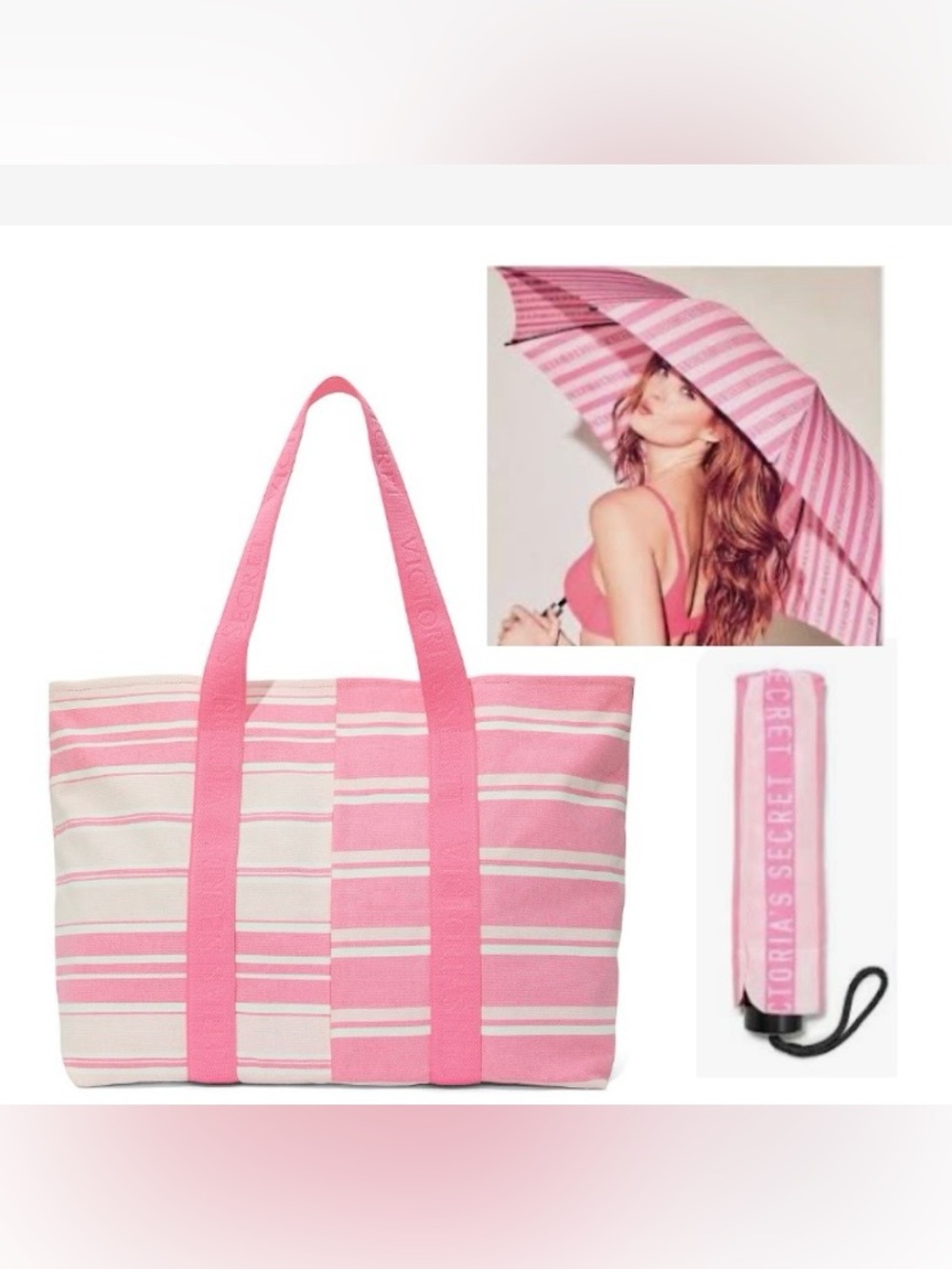 Victoria's Secret Pink & White Striped Tote Bag and Umbrella